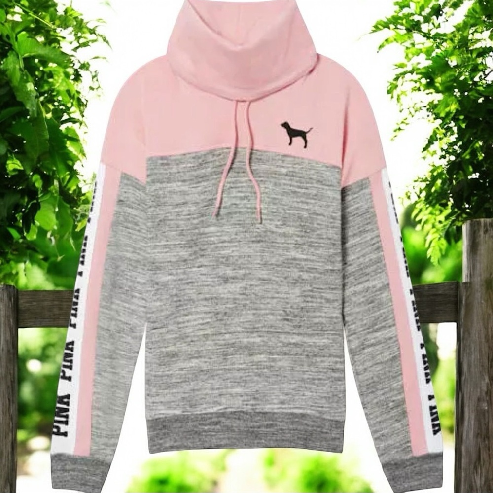 Victoria's Secret Pink High Cowl Neck Pullover Sweatshirt Colorblock Gray/Pink